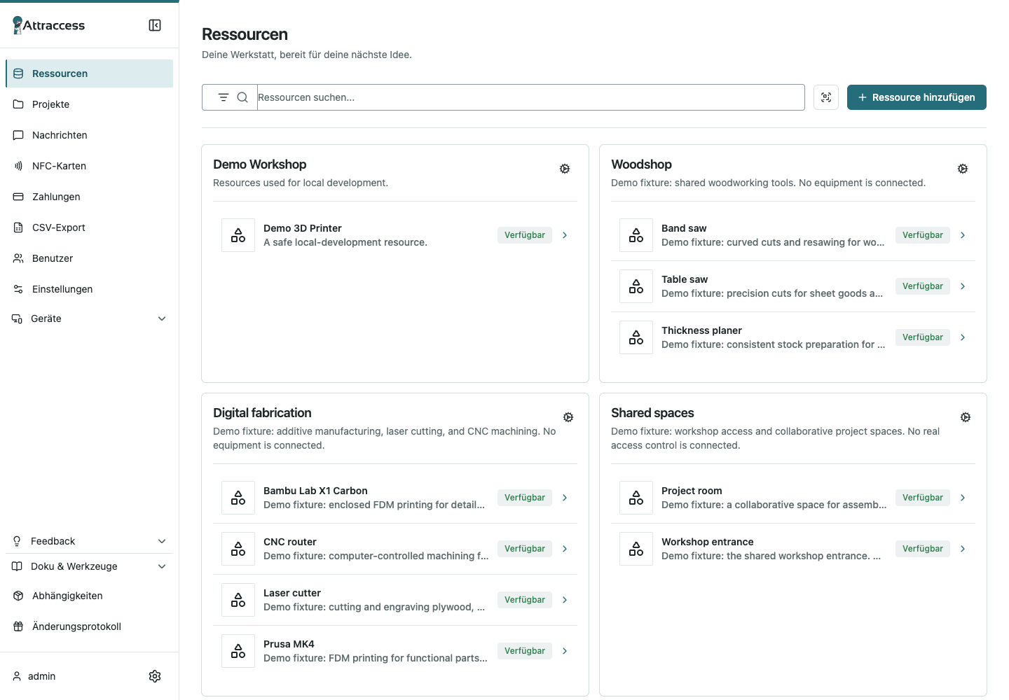 Attraccess Ressourcenübersicht im neuen Design mit Beispieldaten