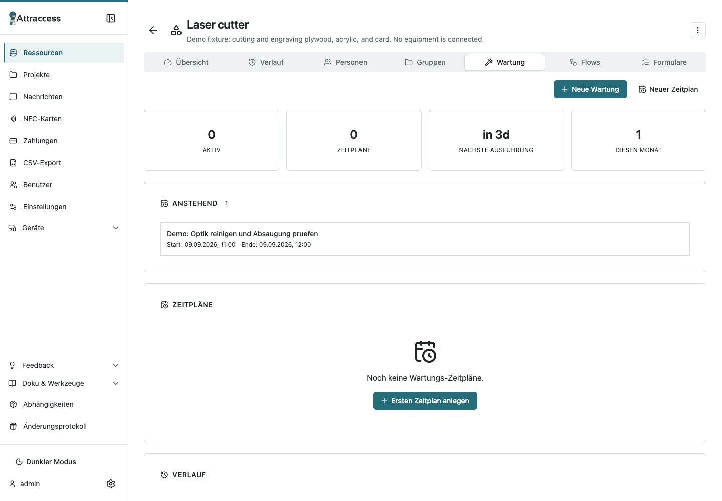 Attraccess-Web-App mit geplanter Wartung und Wartungsplänen