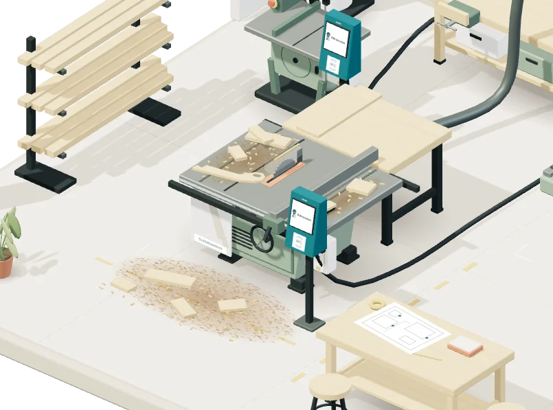 Illustrative Holzwerkstatt mit Attractap-Touch-Lesern, Steuerboxen, Tischkreissäge, Bandsäge und CNC-Fräse